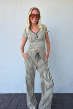 Olive Green Stripe Short Sleeve Henley Tee