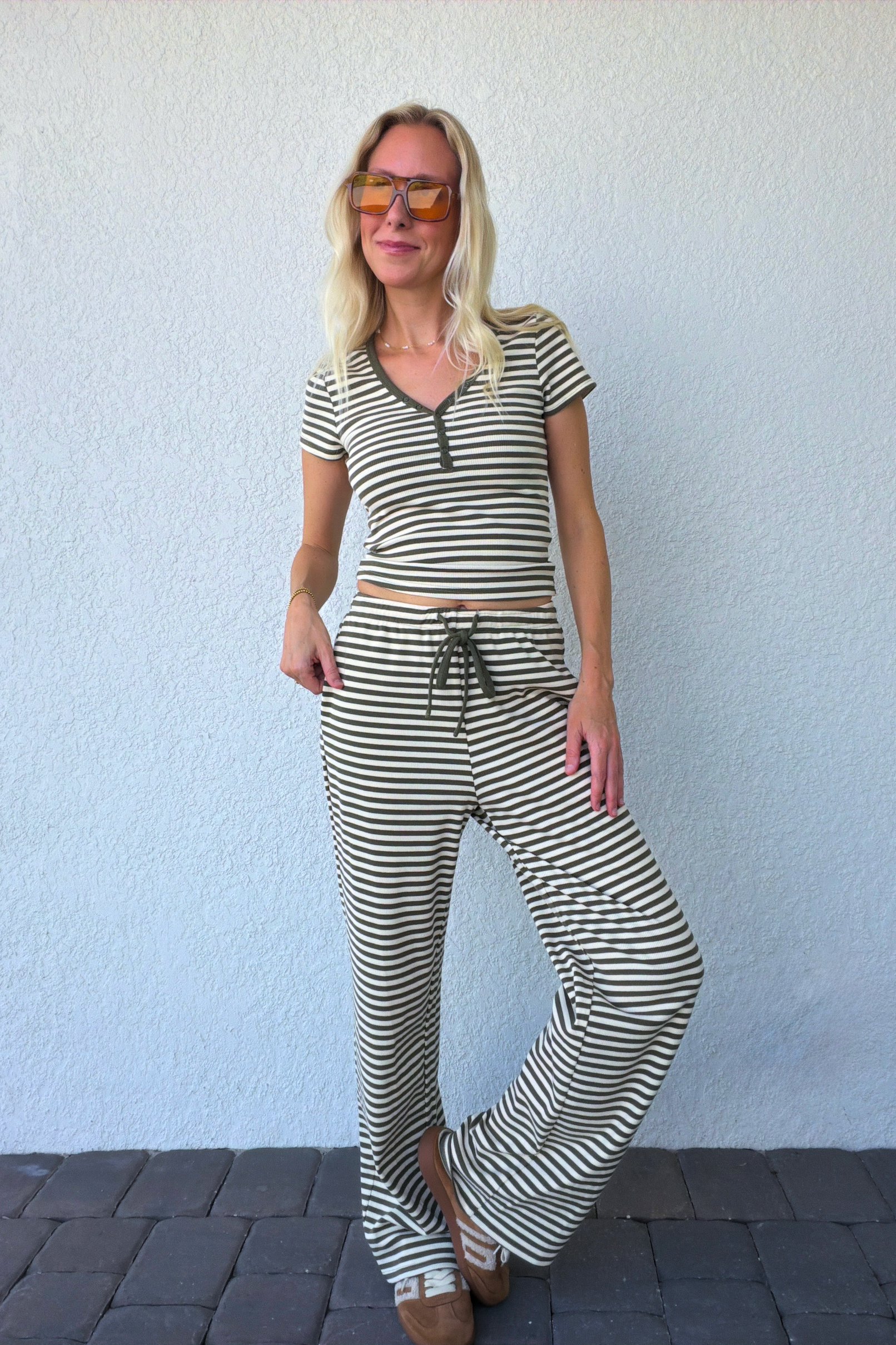 Olive Green Stripe Short Sleeve Henley Tee