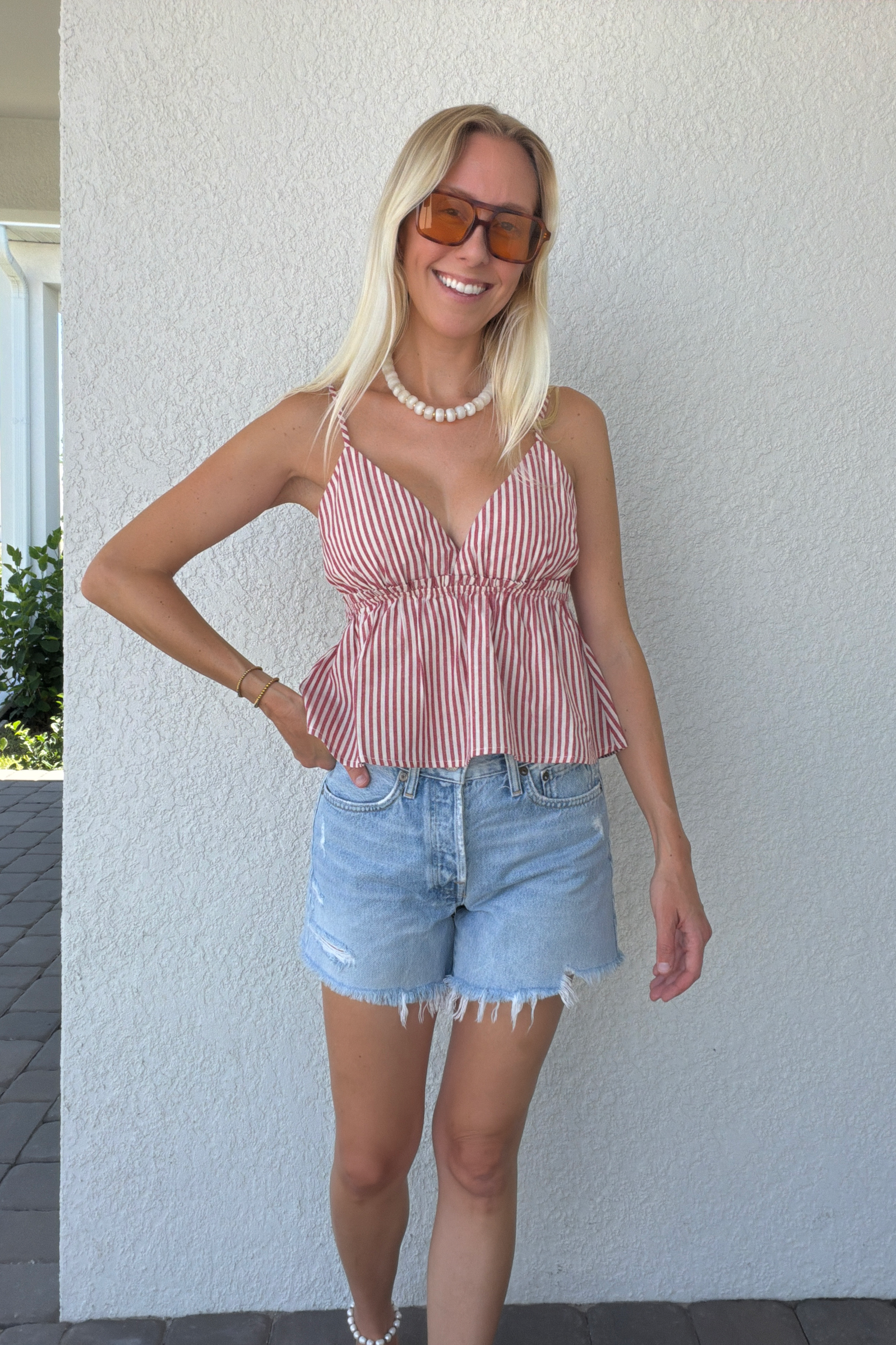 Red White Stripe Babydoll Sleeveless Top