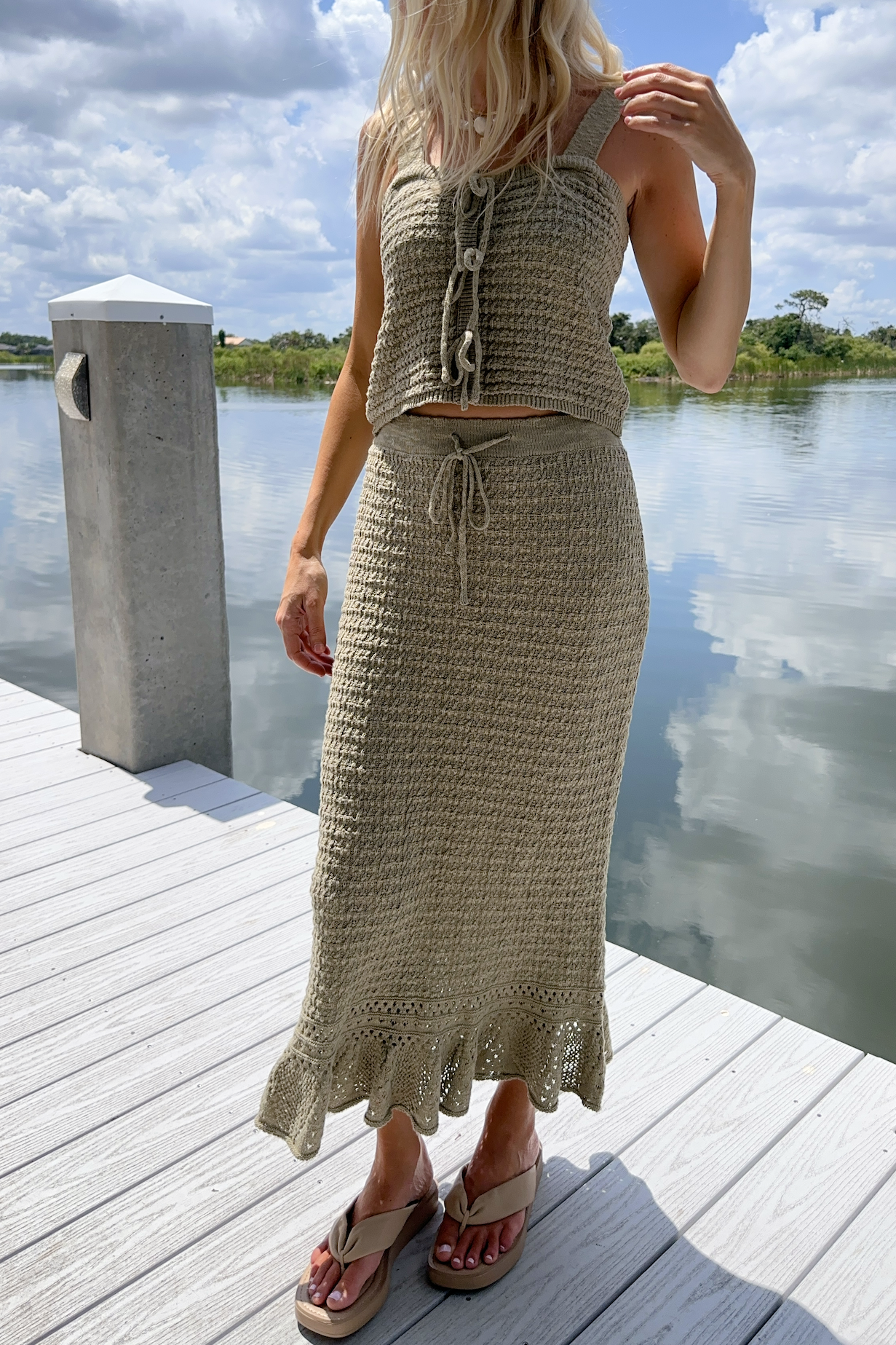 Sage Crochet Ankle Length Knit Skirt