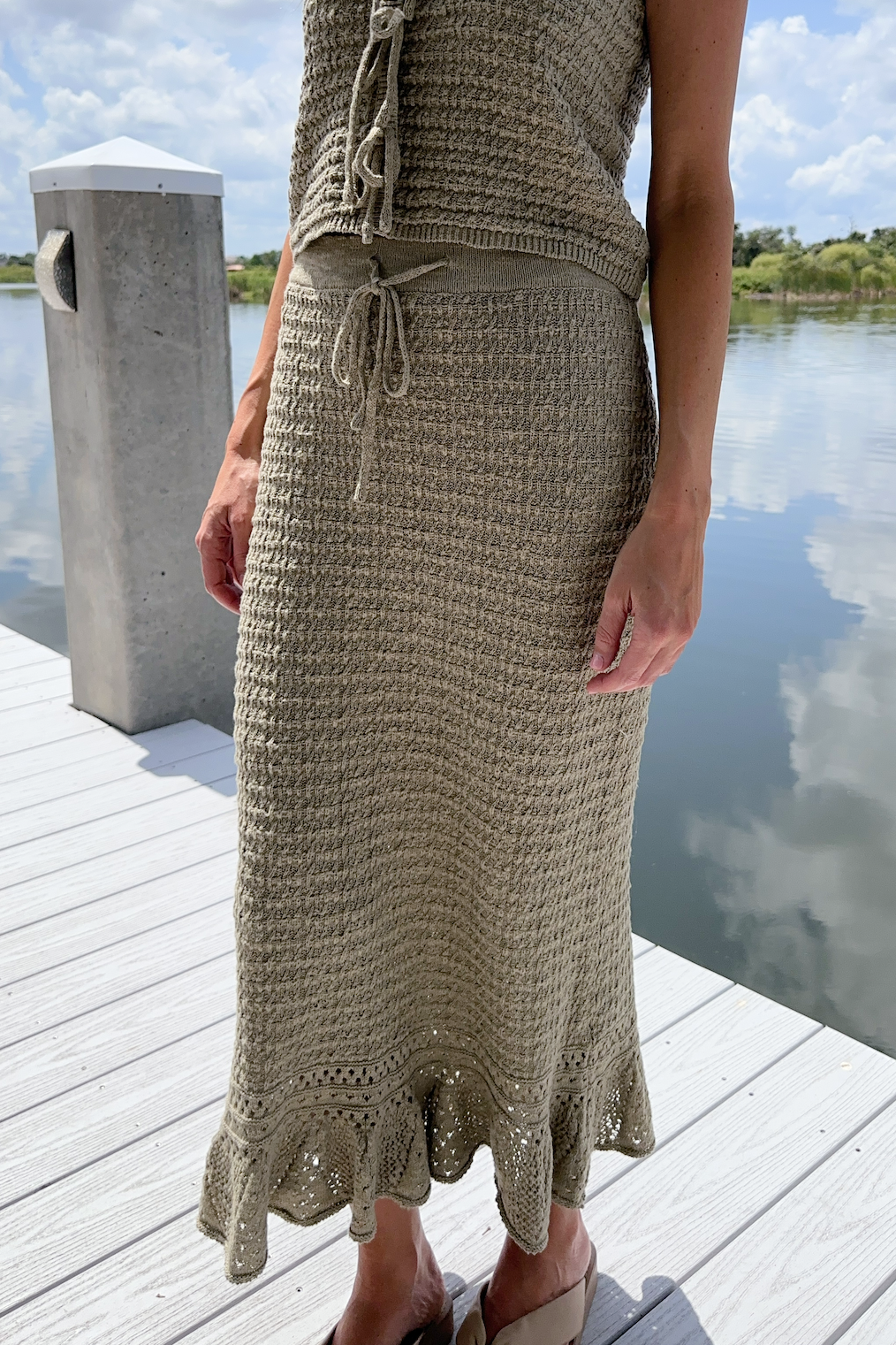 Sage Crochet Ankle Length Knit Skirt
