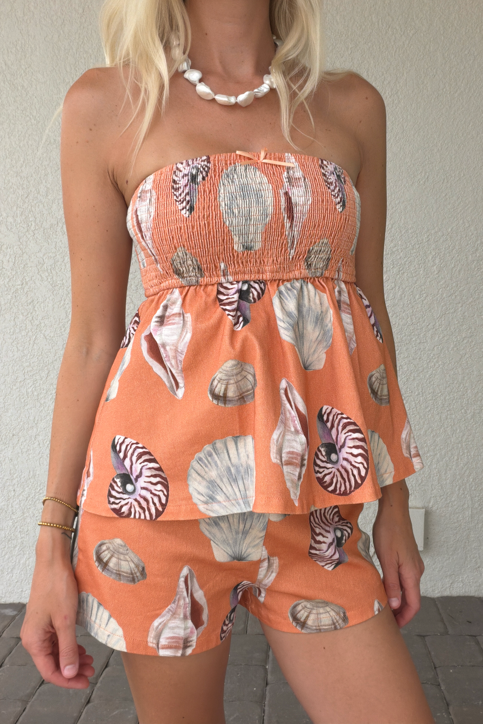 Smocked Strapless Seashell Print Tube Top