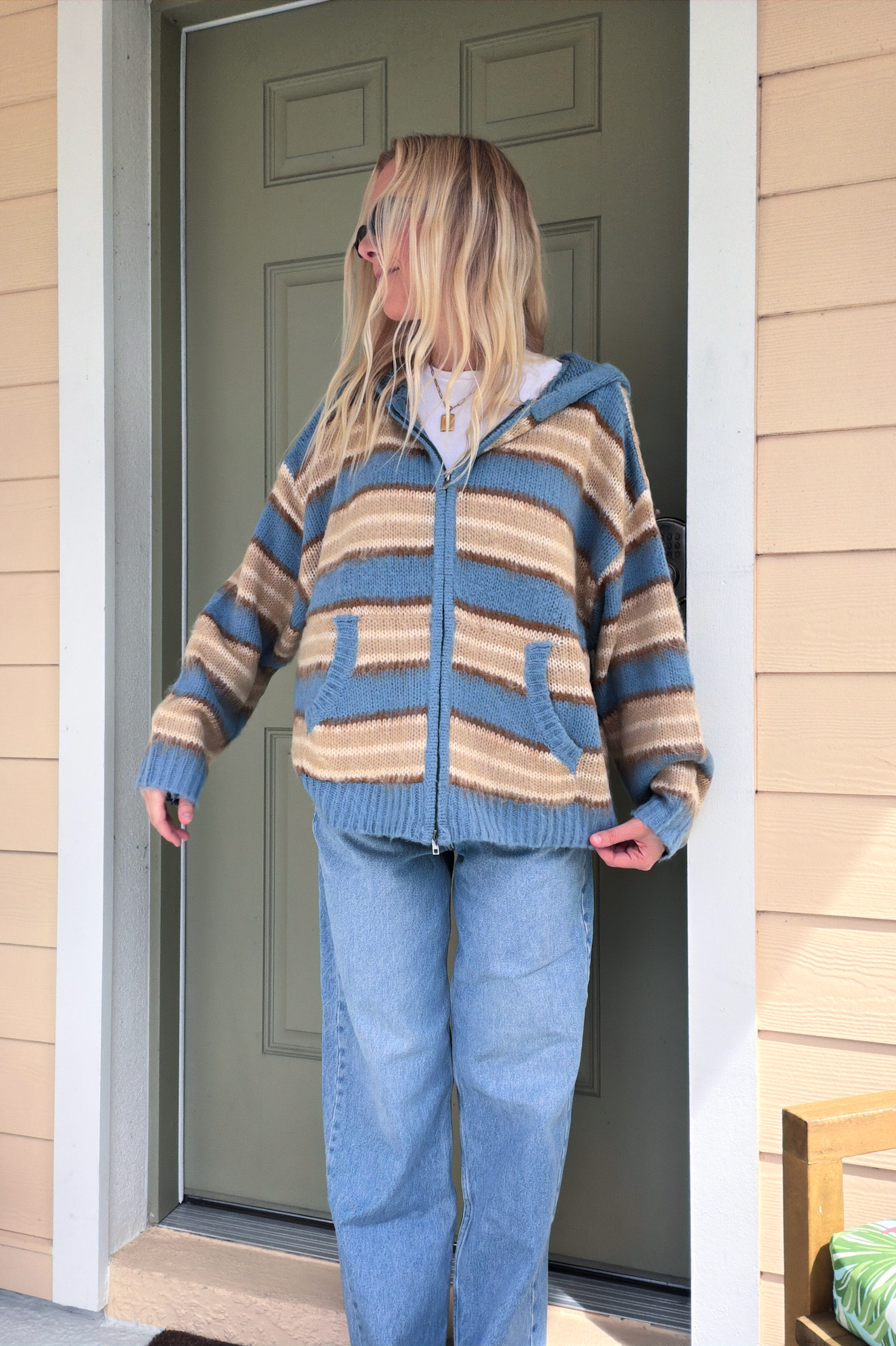 Striped Long Sleeve Zip Up Hooded Sweater