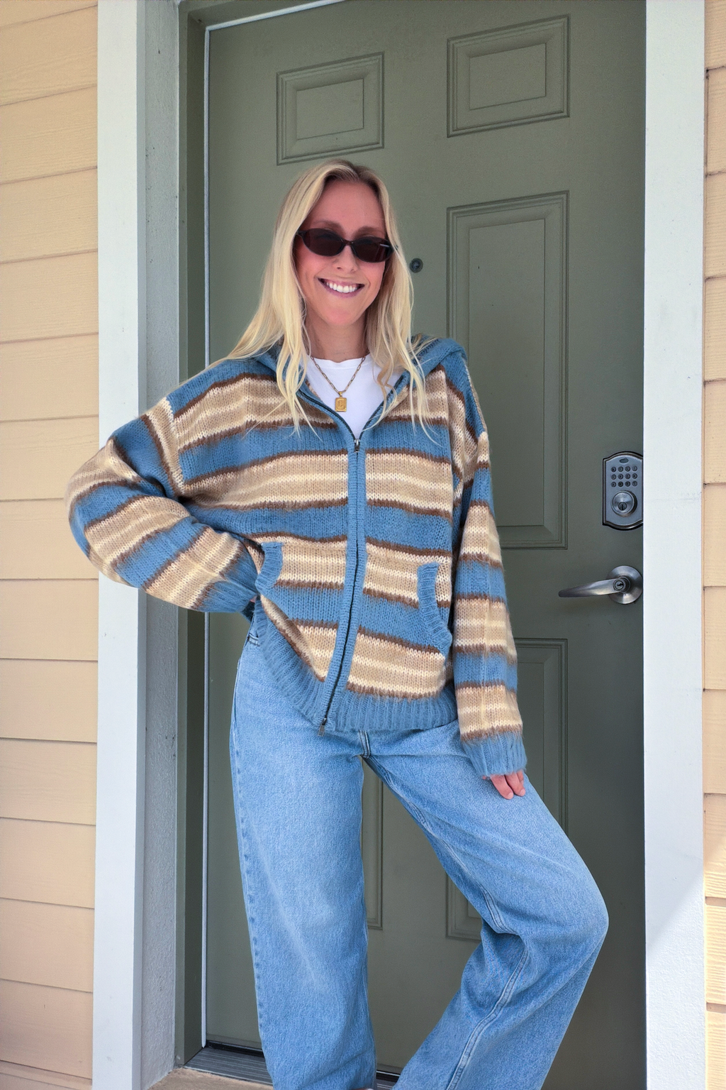 Striped Long Sleeve Zip Up Hooded Sweater