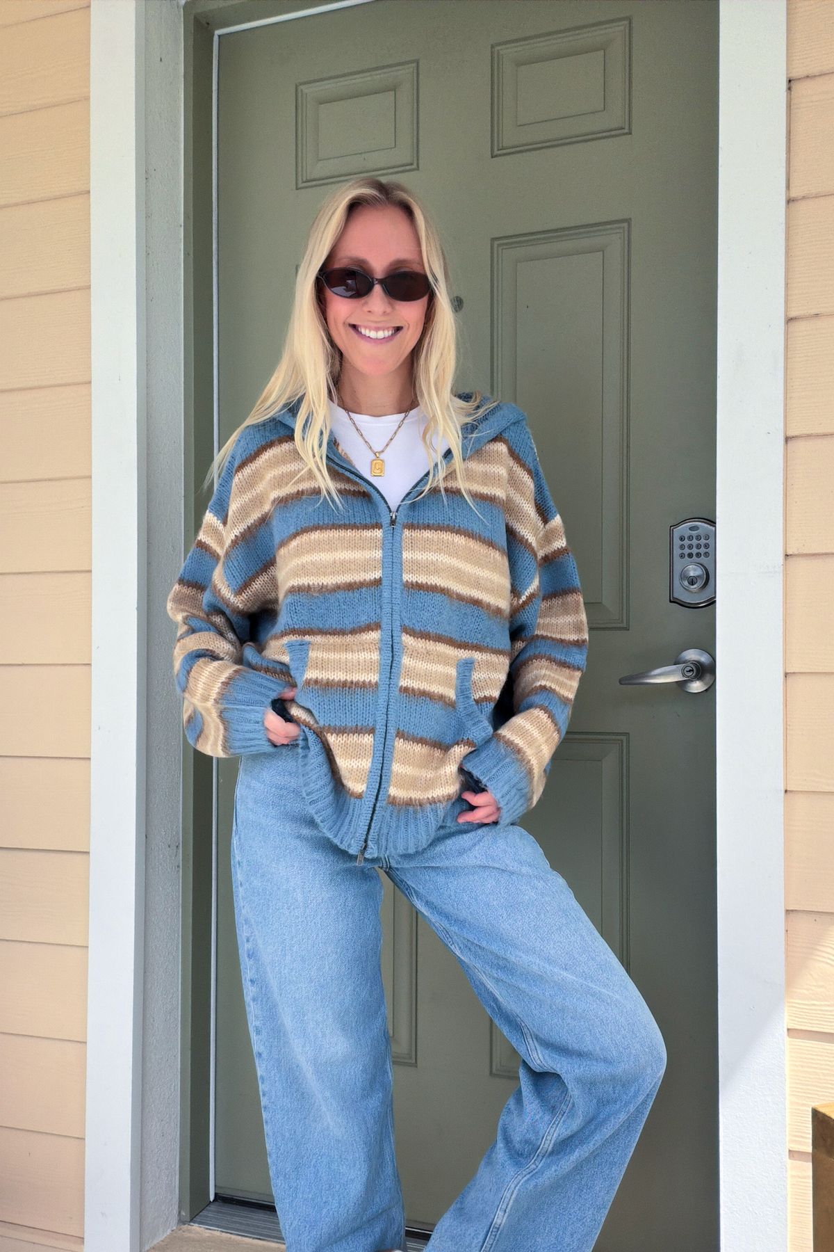 Striped Long Sleeve Zip Up Hooded Sweater