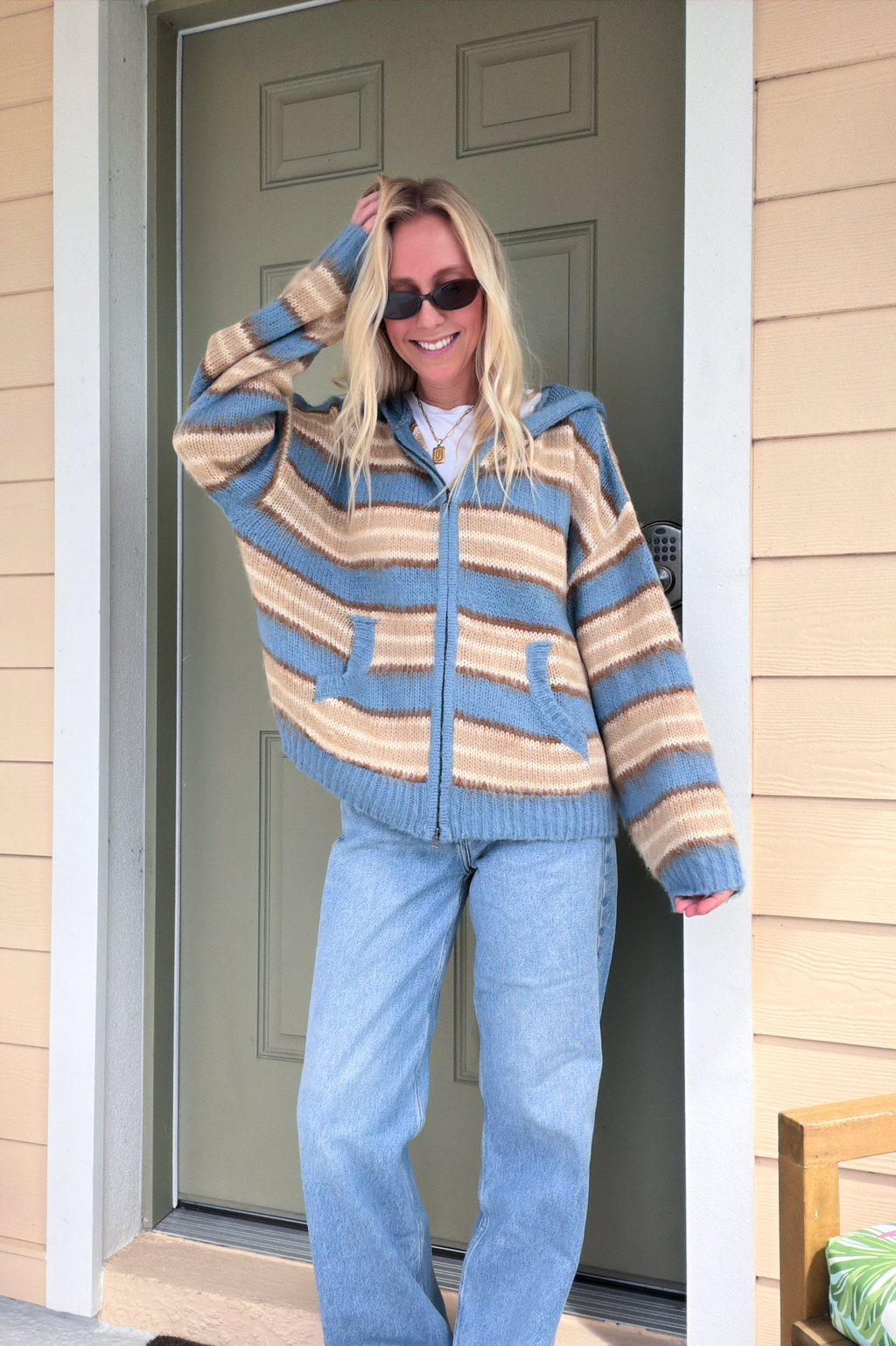 Striped Long Sleeve Zip Up Hooded Sweater