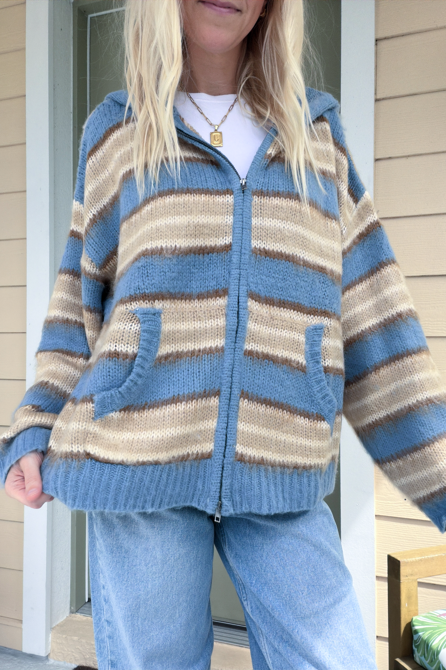 Striped Long Sleeve Zip Up Hooded Sweater