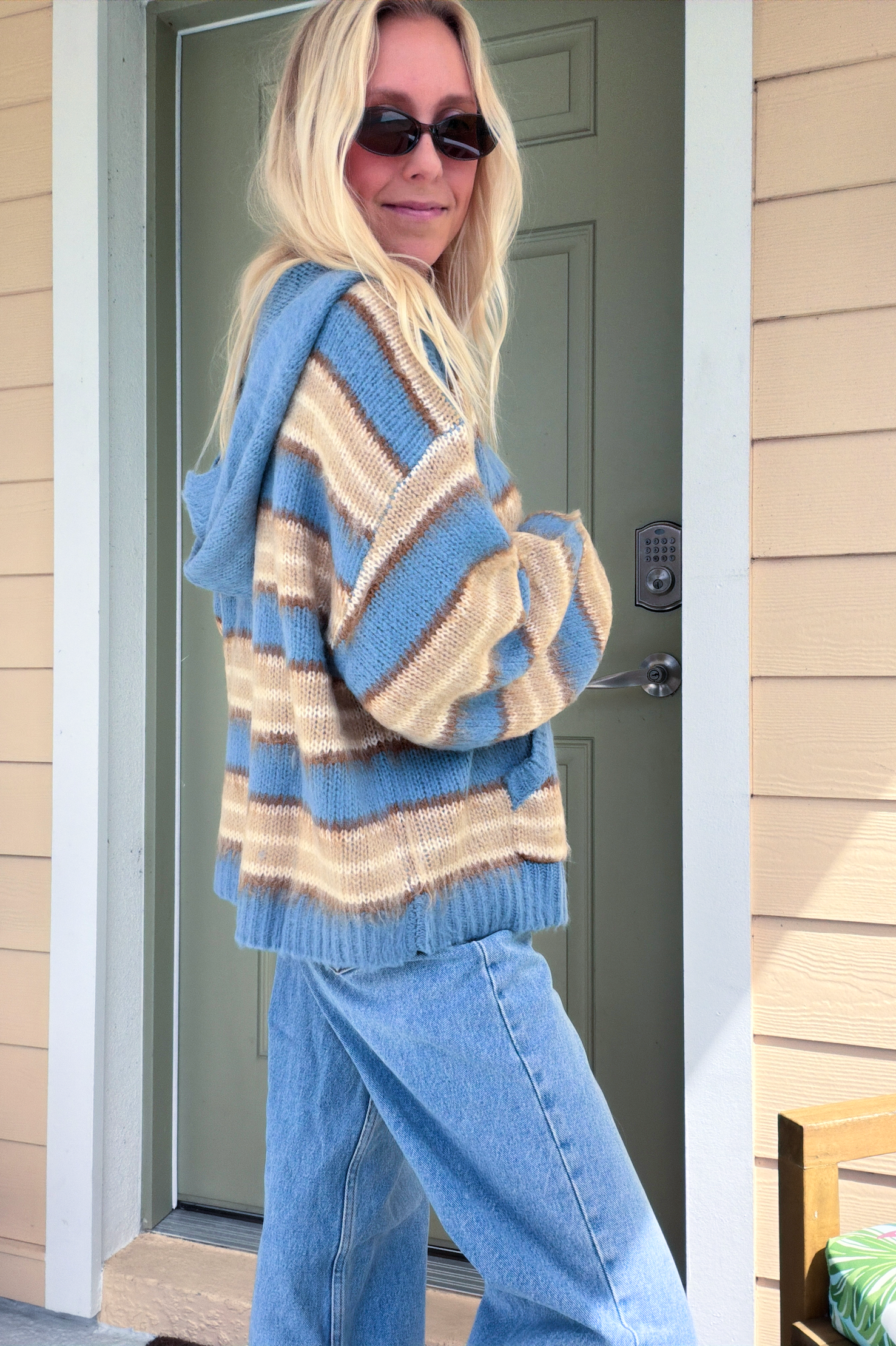 Striped Long Sleeve Zip Up Hooded Sweater