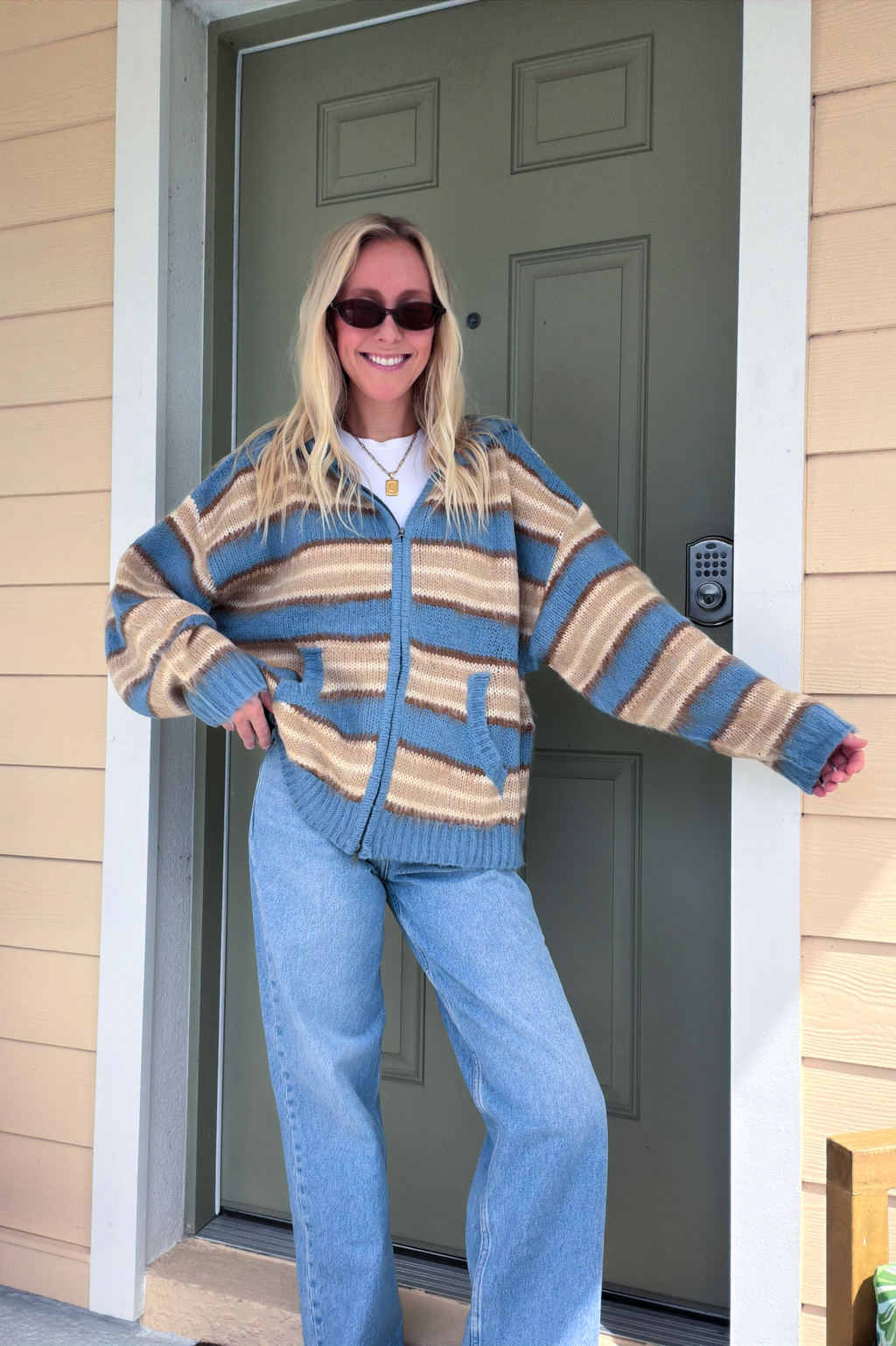 Striped Long Sleeve Zip Up Hooded Sweater