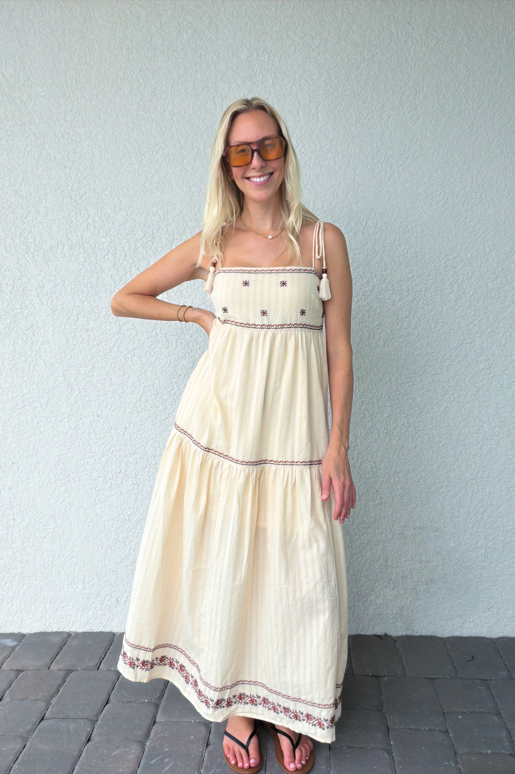 Tassel Tie Shoulder Embroidery Tiered Maxi Dress