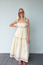 Tassel Tie Shoulder Embroidery Tiered Maxi Dress