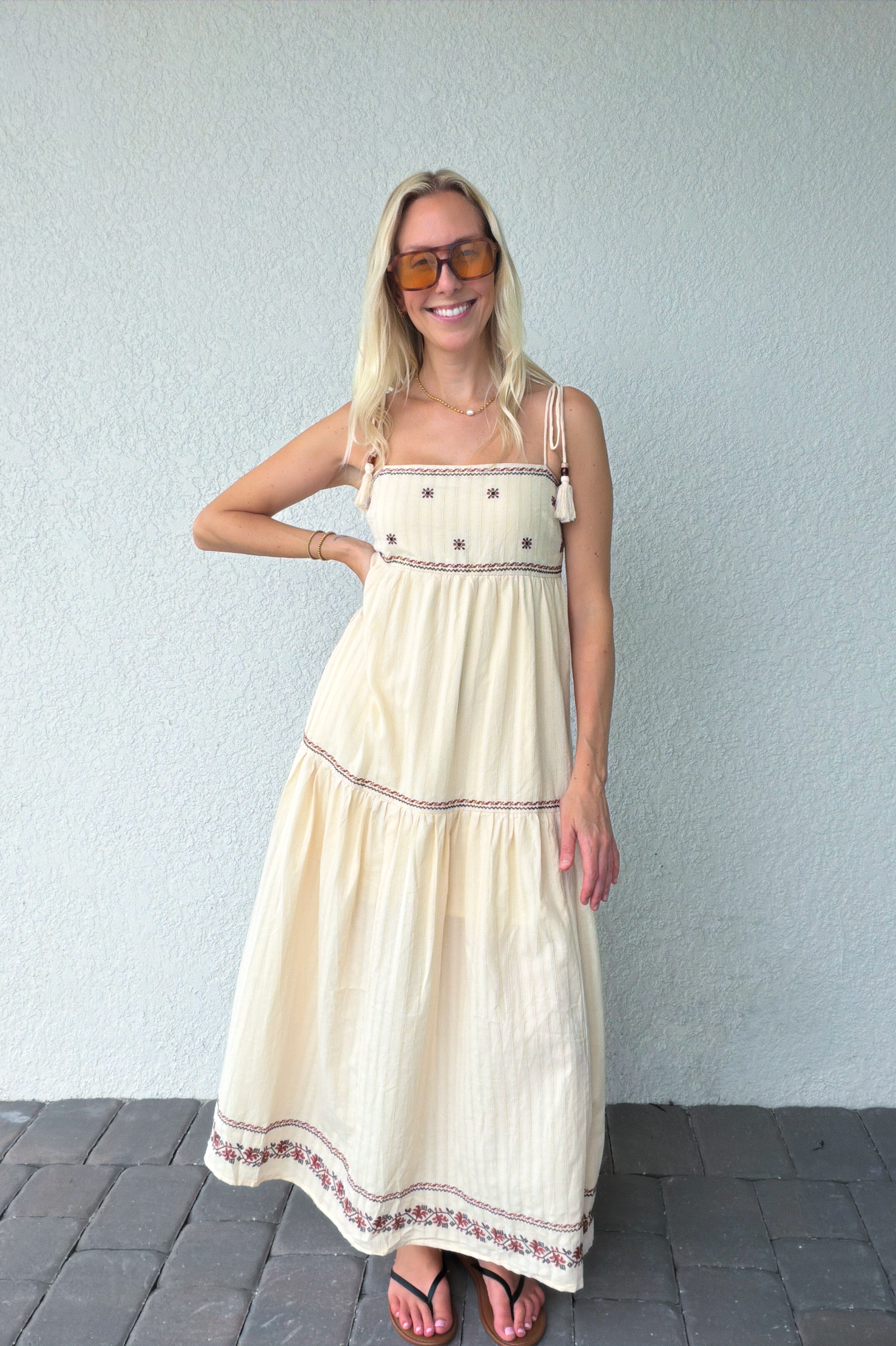 Tassel Tie Shoulder Embroidery Tiered Maxi Dress