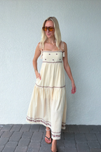 Tassel Tie Shoulder Embroidery Tiered Maxi Dress