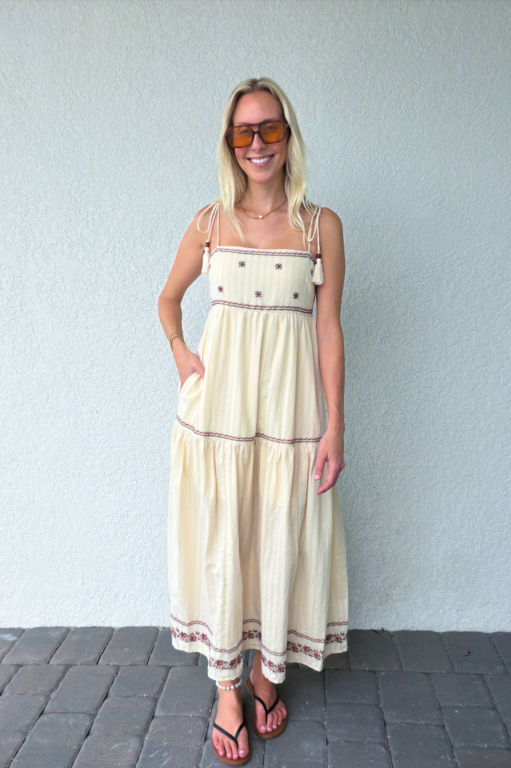 Tassel Tie Shoulder Embroidery Tiered Maxi Dress
