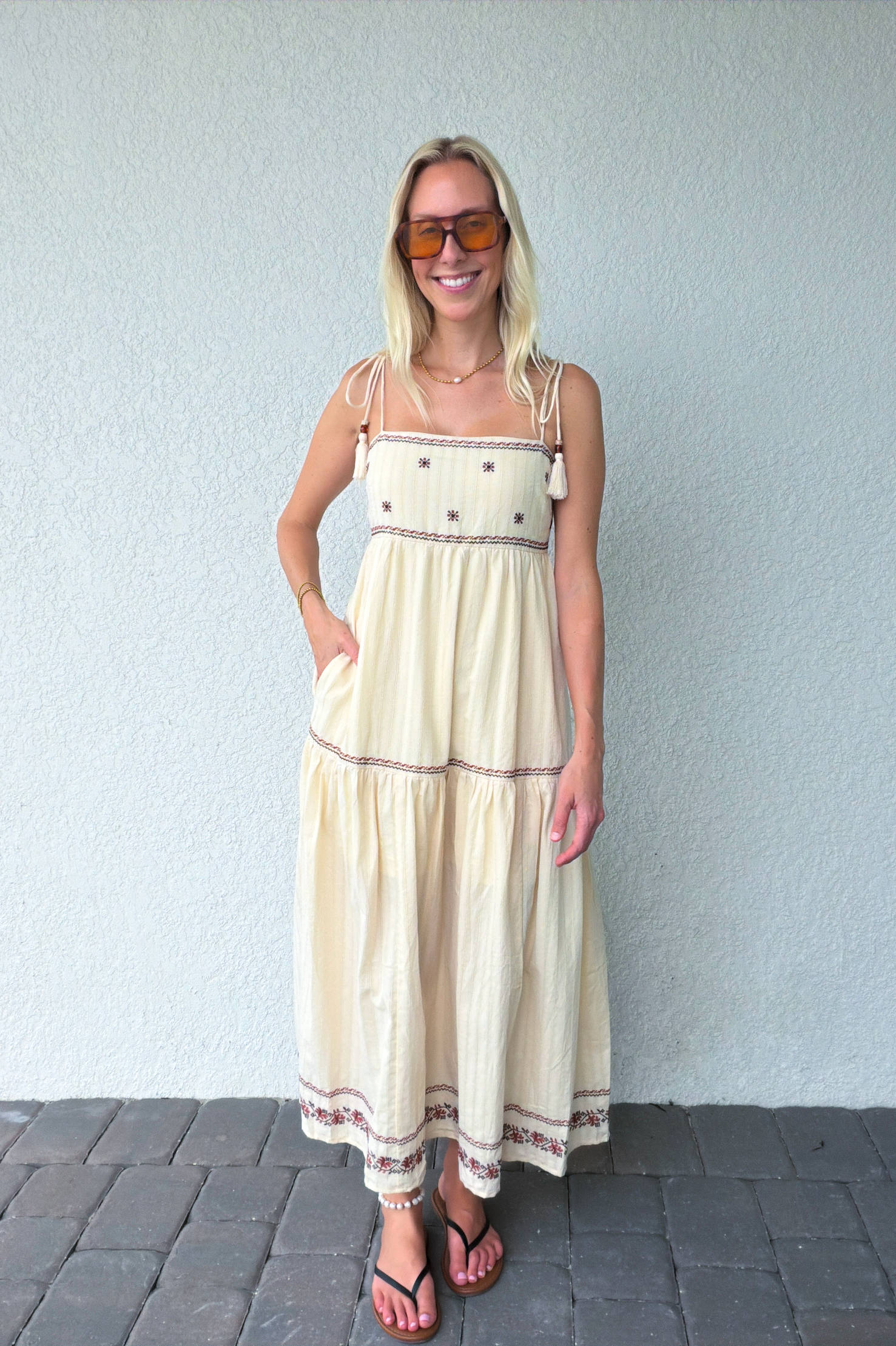 Tassel Tie Shoulder Embroidery Tiered Maxi Dress