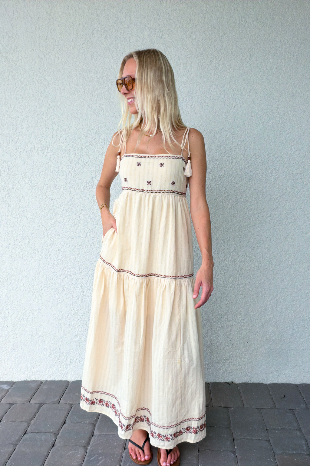 Tassel Tie Shoulder Embroidery Tiered Maxi Dress