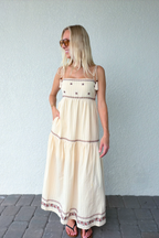 Tassel Tie Shoulder Embroidery Tiered Maxi Dress