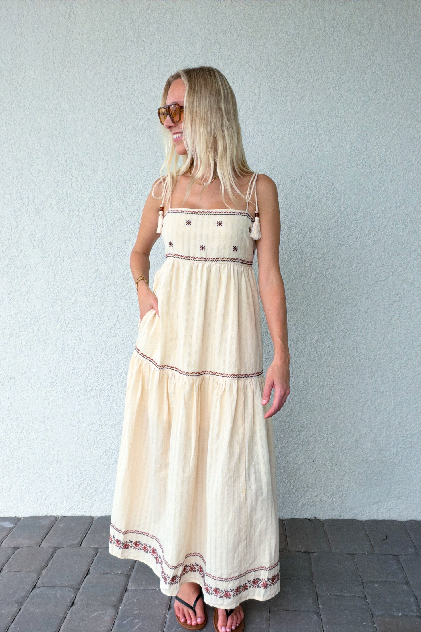 Tassel Tie Shoulder Embroidery Tiered Maxi Dress