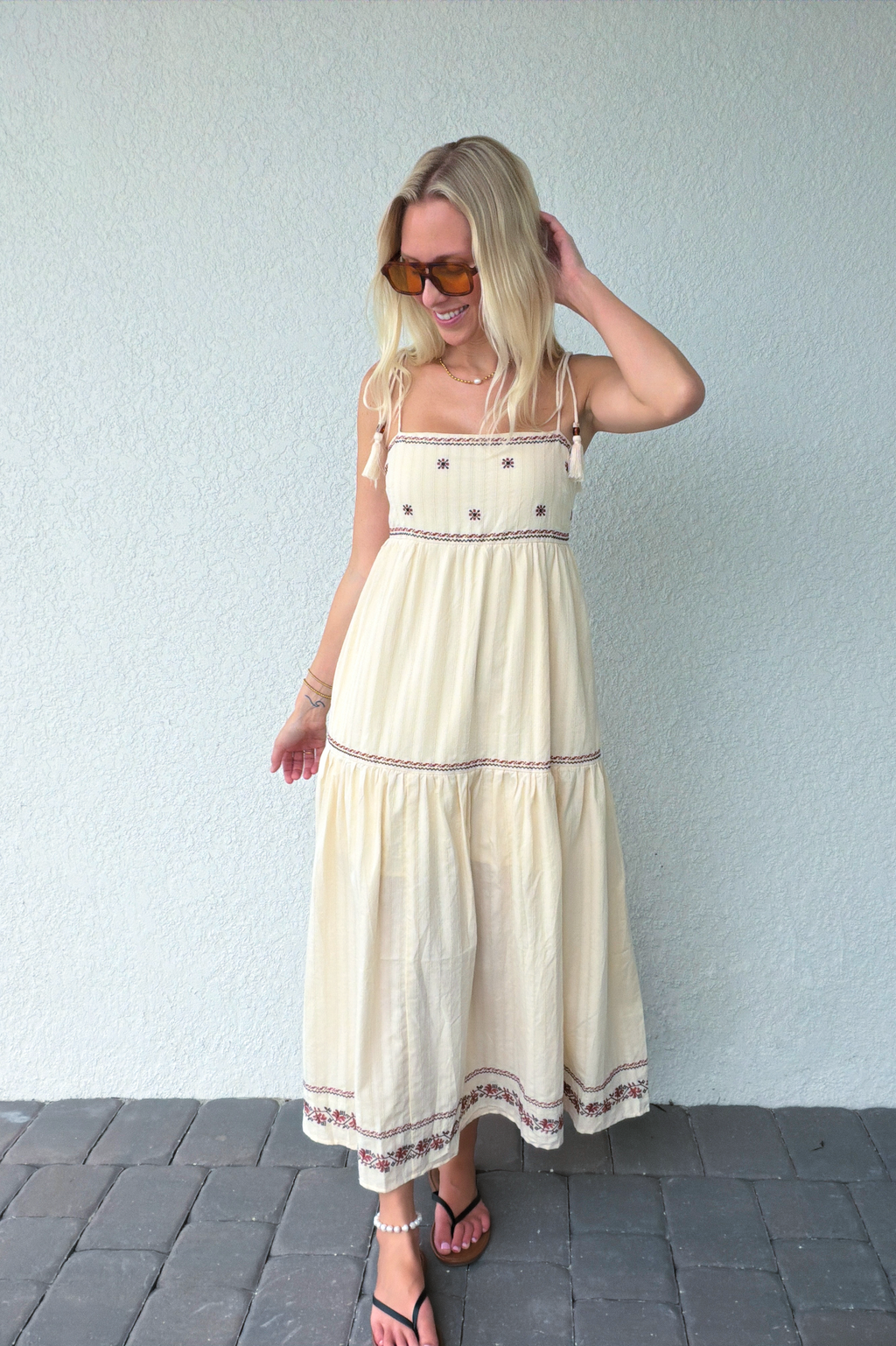 Tassel Tie Shoulder Embroidery Tiered Maxi Dress