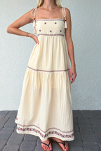 Tassel Tie Shoulder Embroidery Tiered Maxi Dress