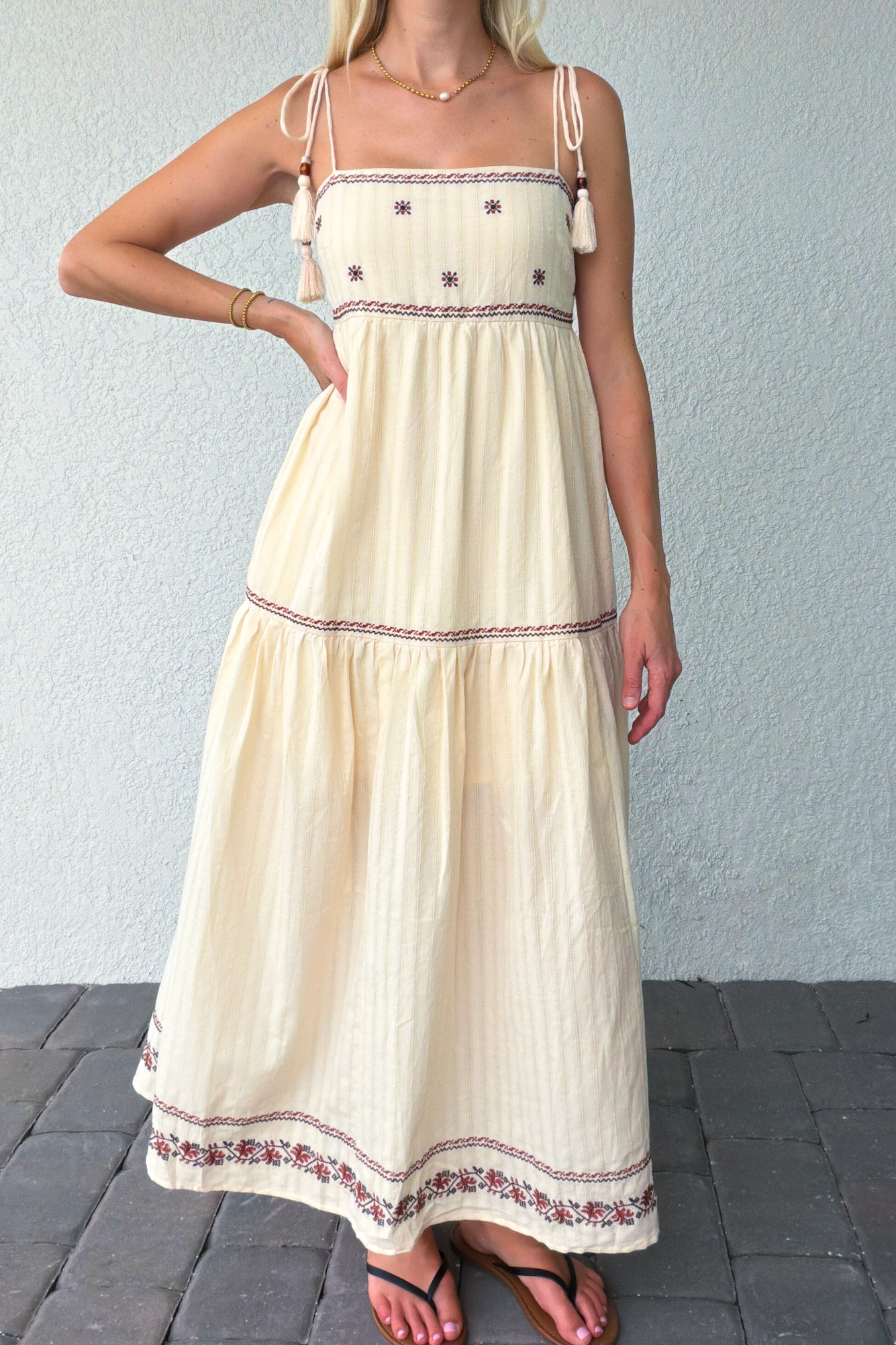 Tassel Tie Shoulder Embroidery Tiered Maxi Dress