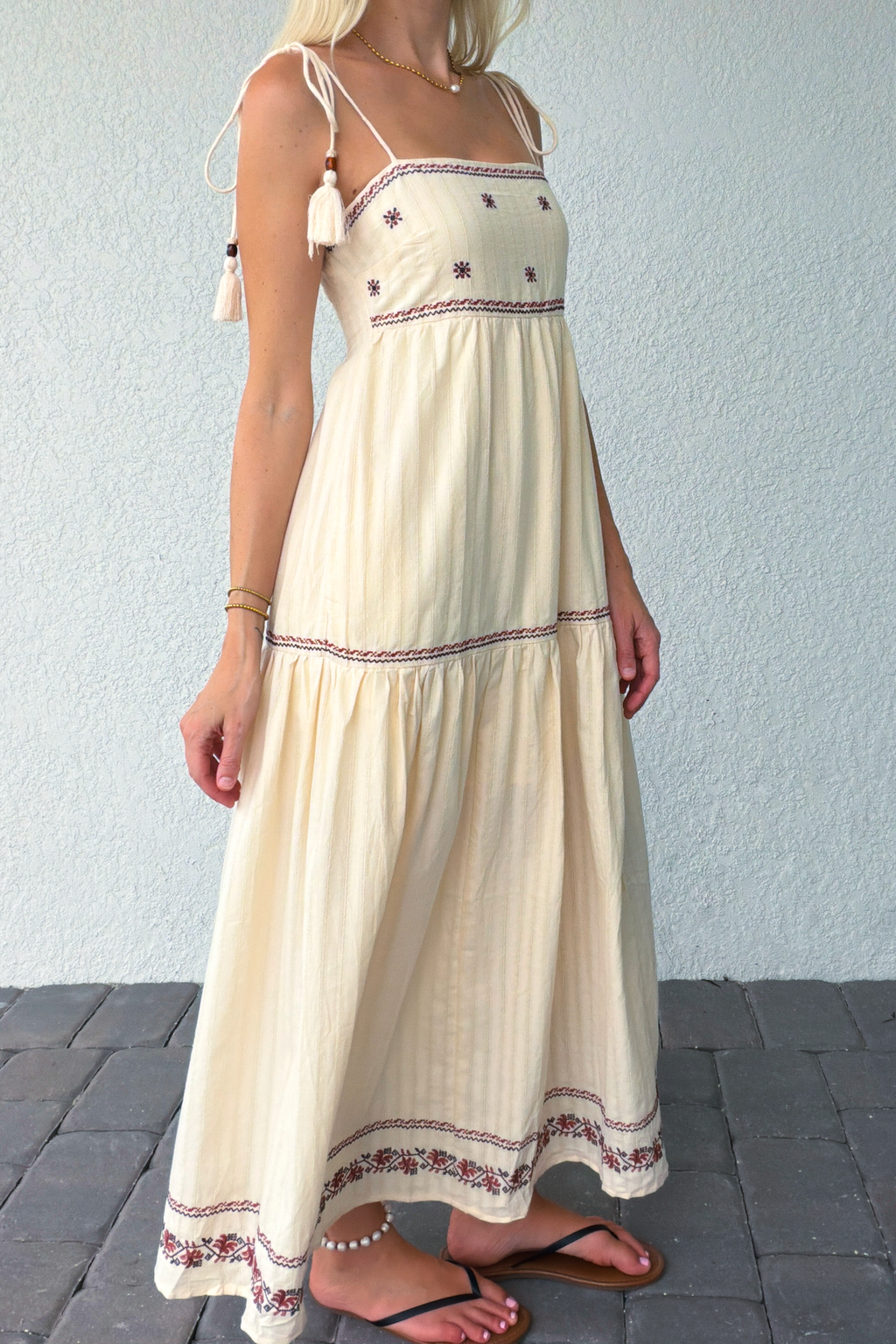 Tassel Tie Shoulder Embroidery Tiered Maxi Dress
