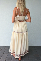 Tassel Tie Shoulder Embroidery Tiered Maxi Dress