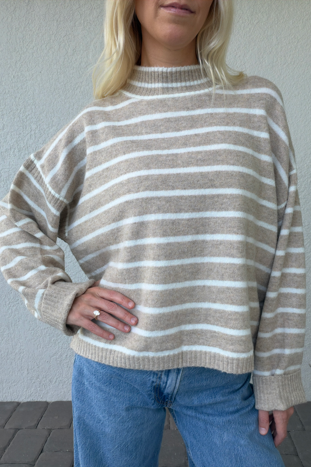 Taupe Ivory Stripe Mockneck Boxy Pullover Sweater
