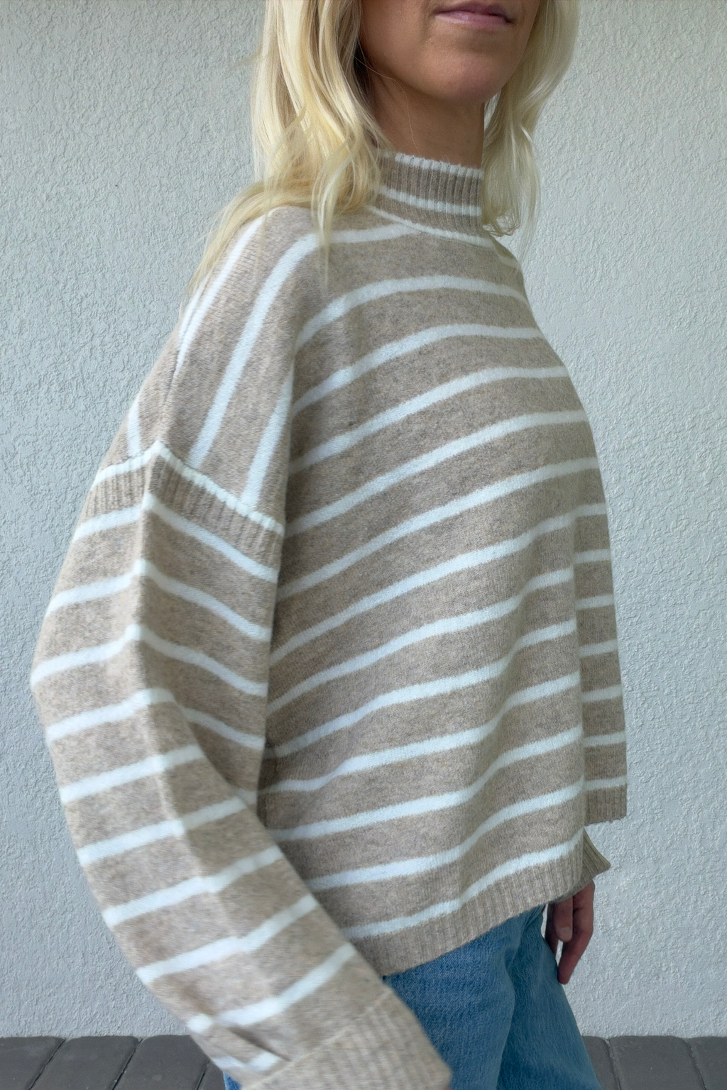 Taupe Ivory Stripe Mockneck Boxy Pullover Sweater