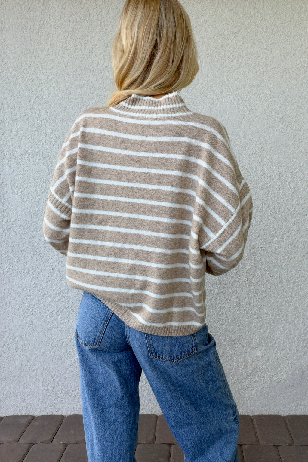 Taupe Ivory Stripe Mockneck Boxy Pullover Sweater