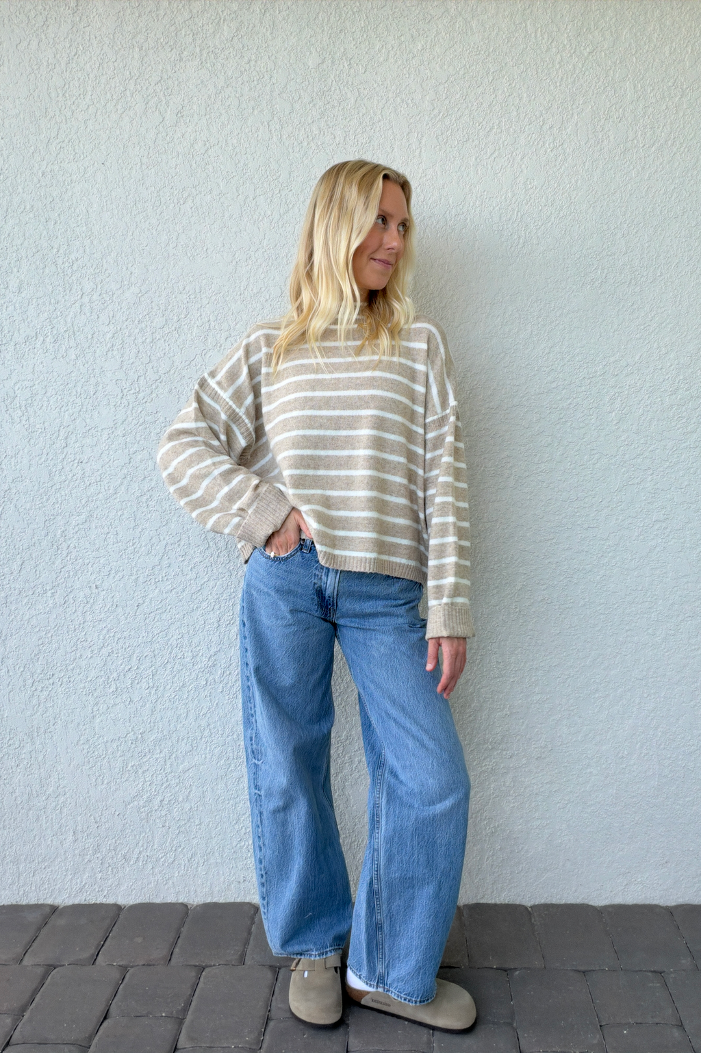 Taupe Ivory Stripe Mockneck Boxy Pullover Sweater