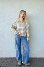 Taupe Ivory Stripe Mockneck Boxy Pullover Sweater