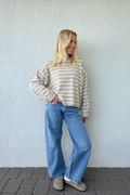Taupe Ivory Stripe Mockneck Boxy Pullover Sweater