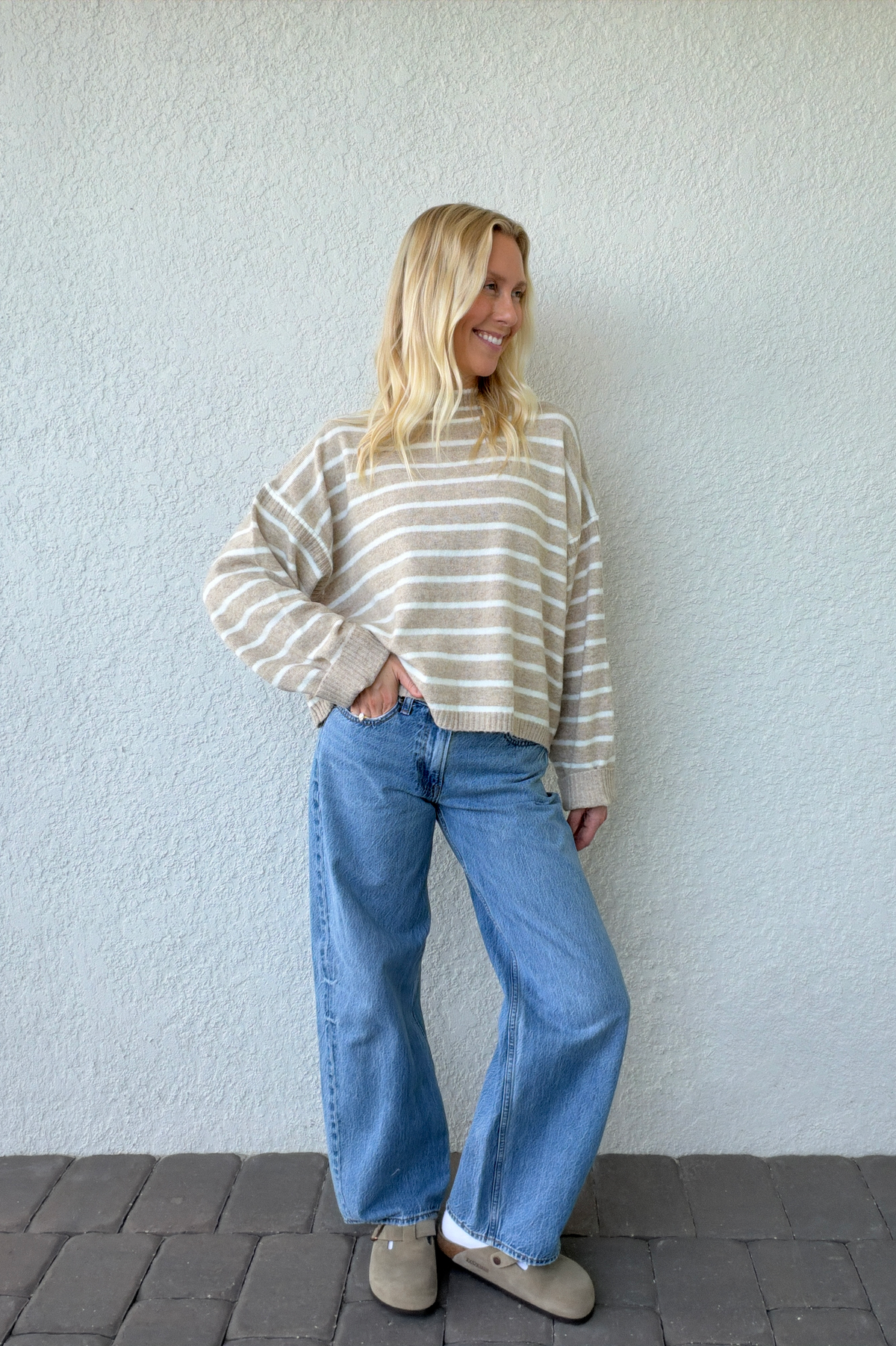 Taupe Ivory Stripe Mockneck Boxy Pullover Sweater