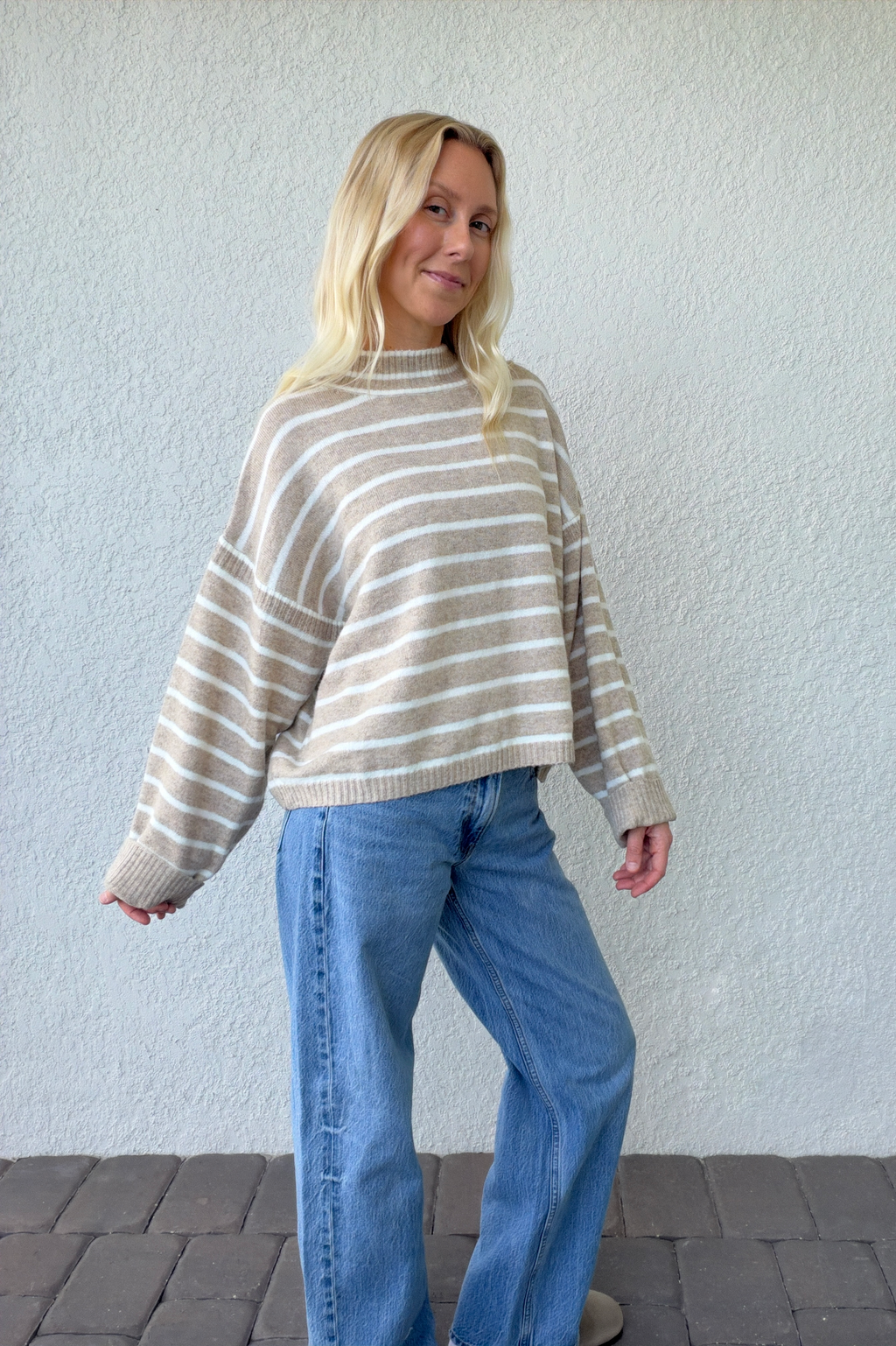 Taupe Ivory Stripe Mockneck Boxy Pullover Sweater