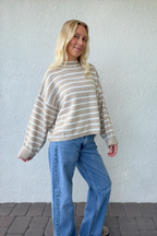 Taupe Ivory Stripe Mockneck Boxy Pullover Sweater