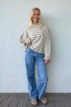Taupe Ivory Stripe Mockneck Boxy Pullover Sweater