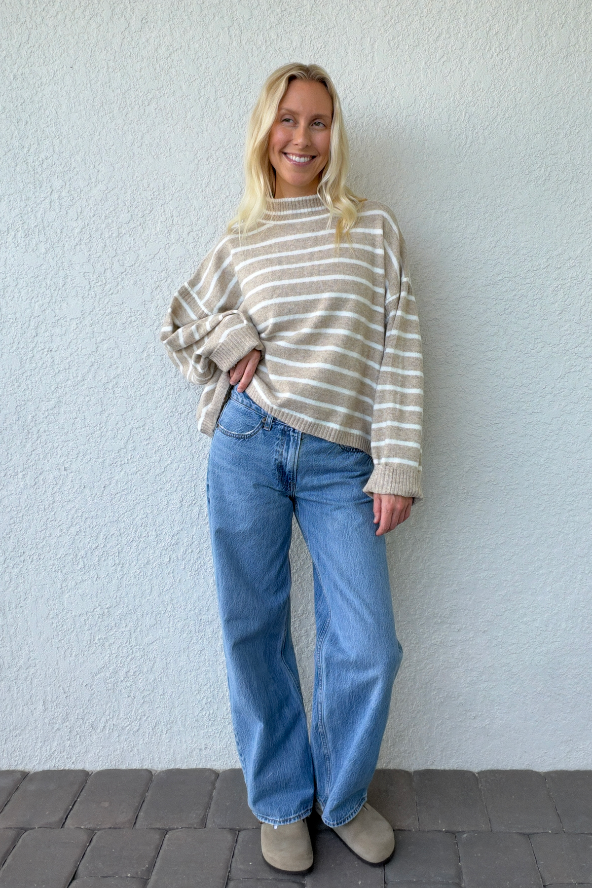Taupe Ivory Stripe Mockneck Boxy Pullover Sweater