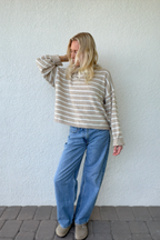 Taupe Ivory Stripe Mockneck Boxy Pullover Sweater