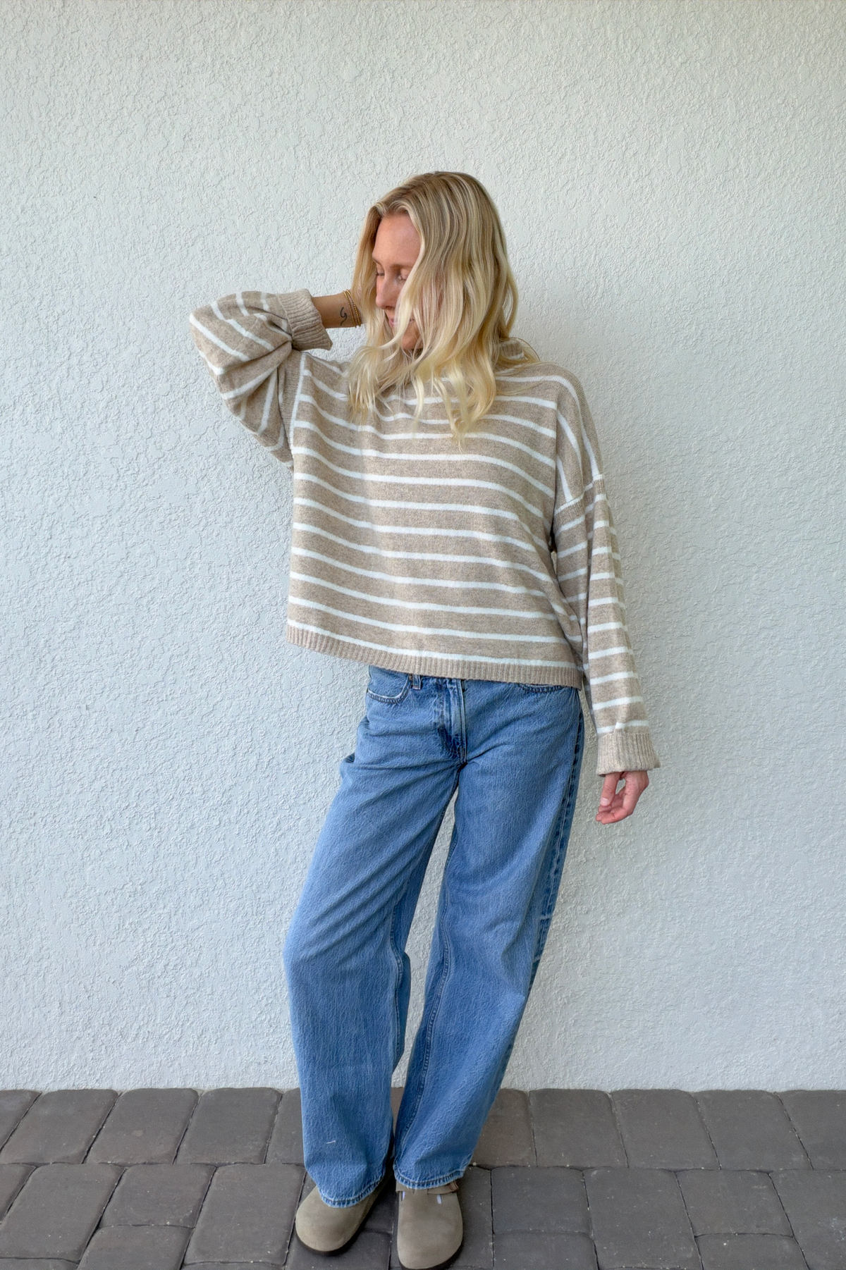 Taupe Ivory Stripe Mockneck Boxy Pullover Sweater