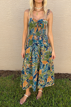 Twist Knot Tie Shoulder Tropical Sleeveless Midi Dress