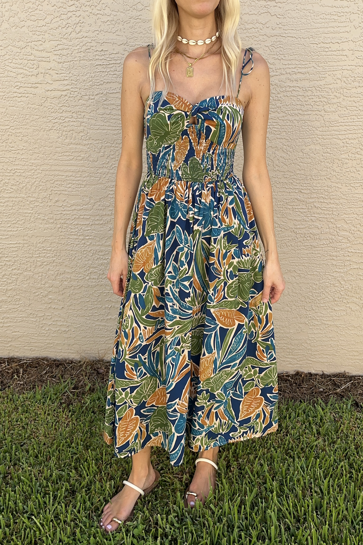 Twist Knot Tie Shoulder Tropical Sleeveless Midi Dress