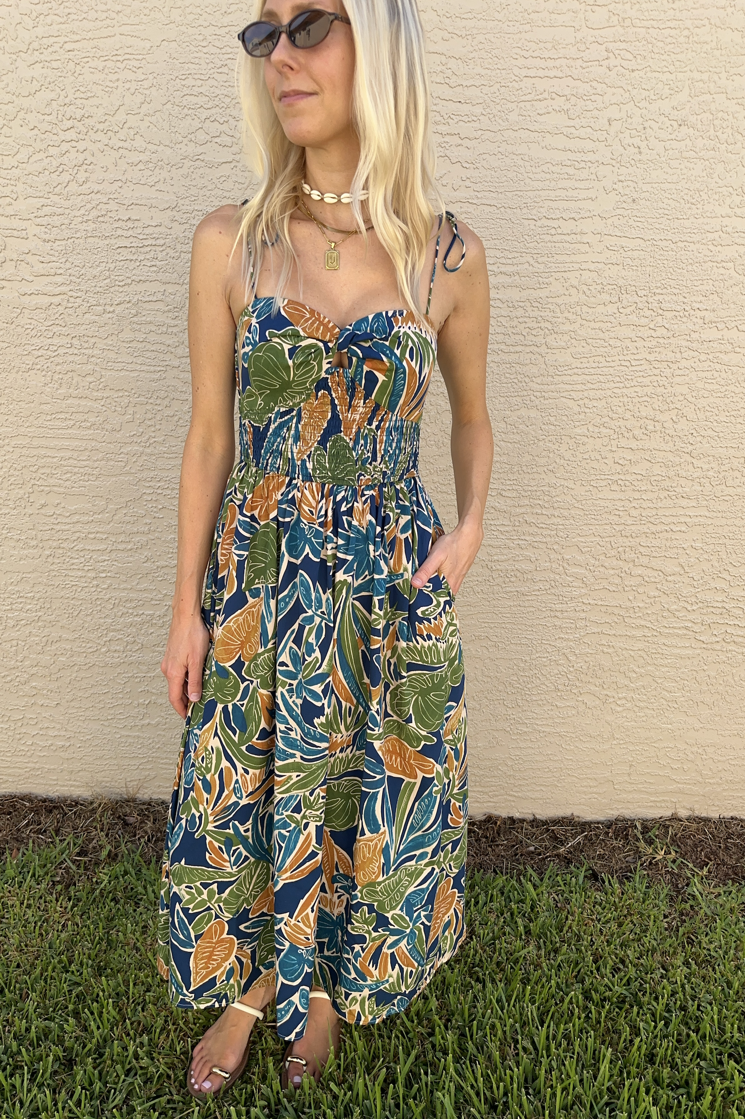 Twist Knot Tie Shoulder Tropical Sleeveless Midi Dress