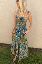 Twist Knot Tie Shoulder Tropical Sleeveless Midi Dress