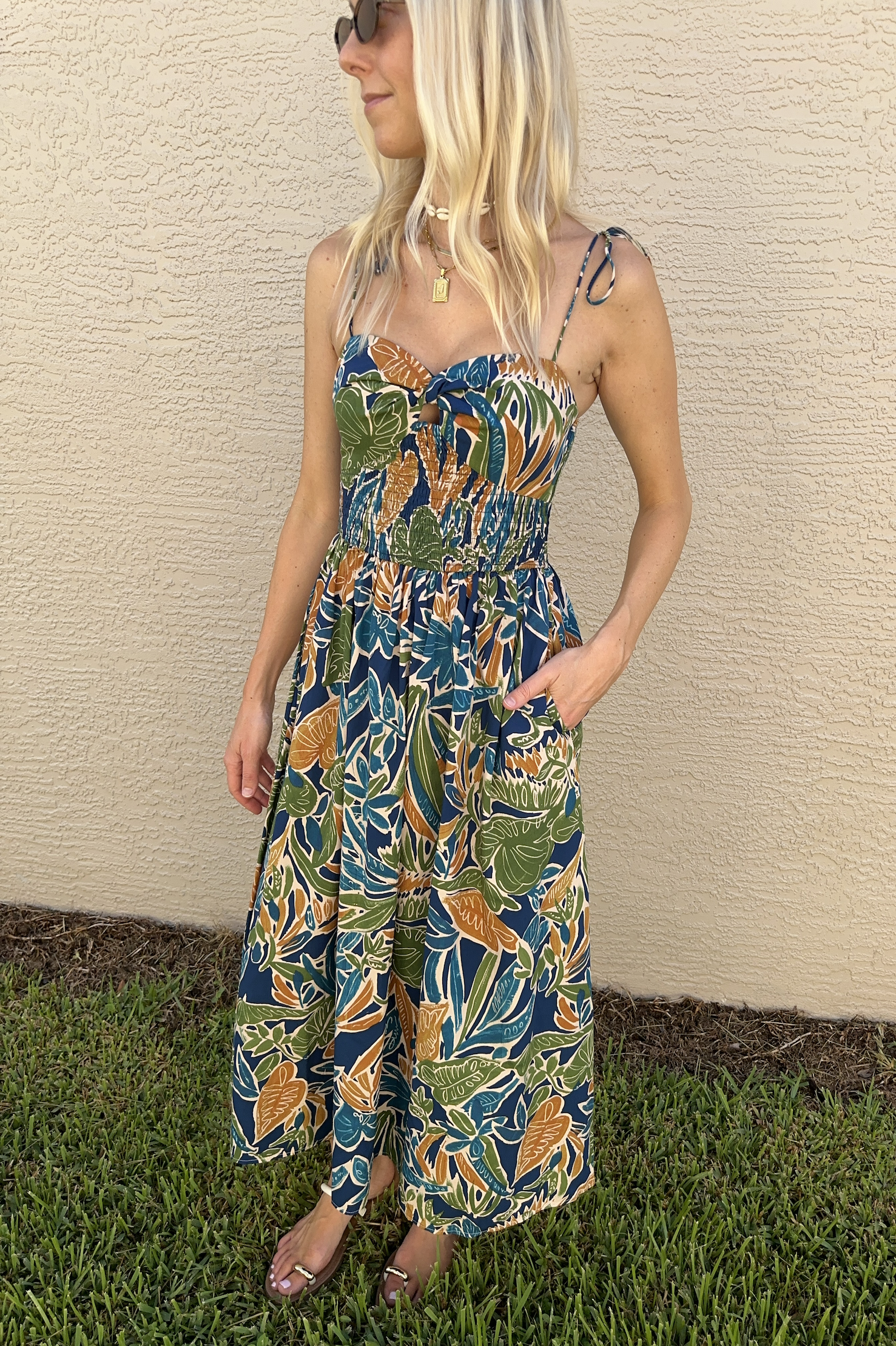 Twist Knot Tie Shoulder Tropical Sleeveless Midi Dress