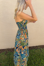 Twist Knot Tie Shoulder Tropical Sleeveless Midi Dress