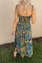 Twist Knot Tie Shoulder Tropical Sleeveless Midi Dress