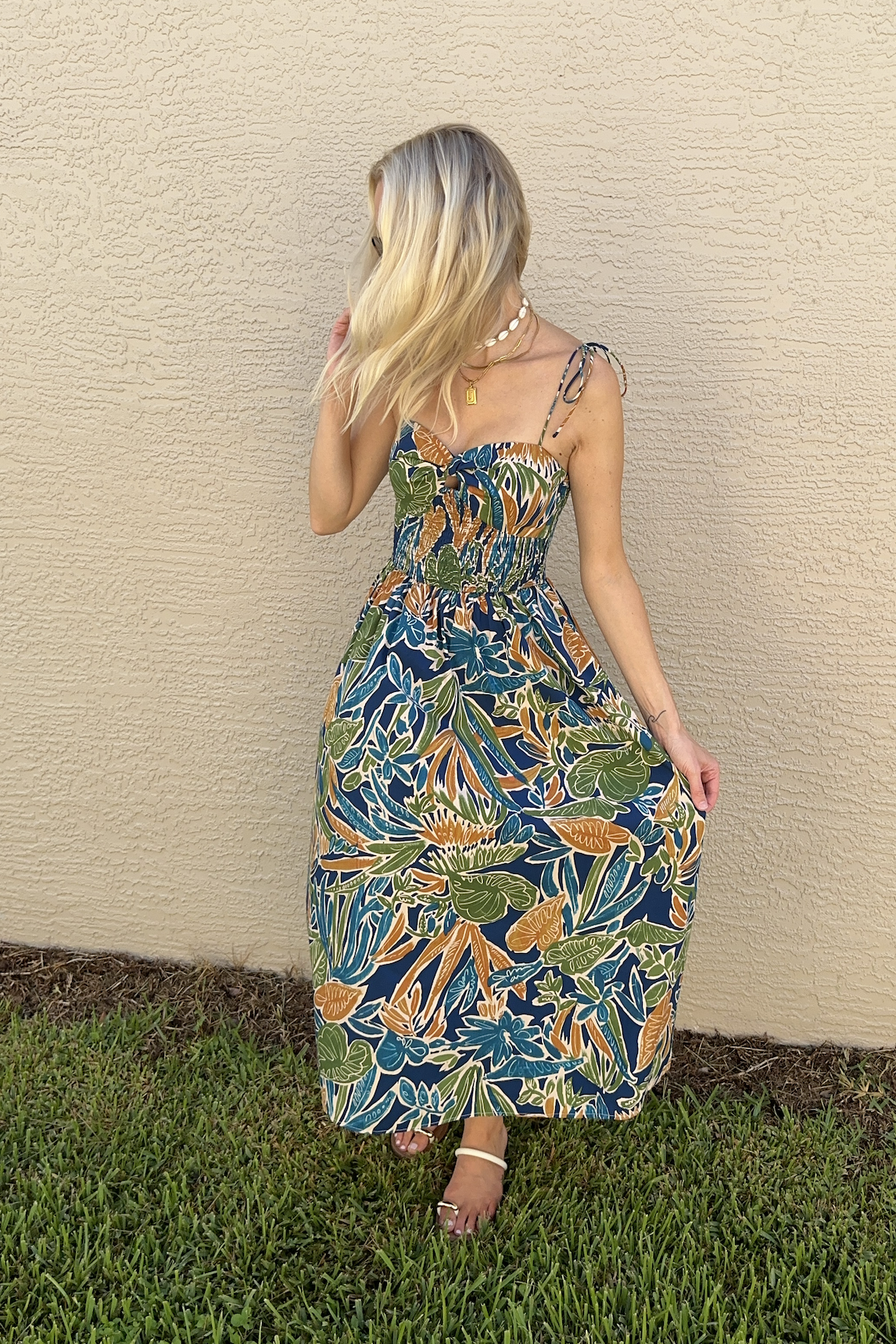 Palm Breeze Tie Shoulder Midi Dress