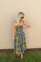 Twist Knot Tie Shoulder Tropical Sleeveless Midi Dress
