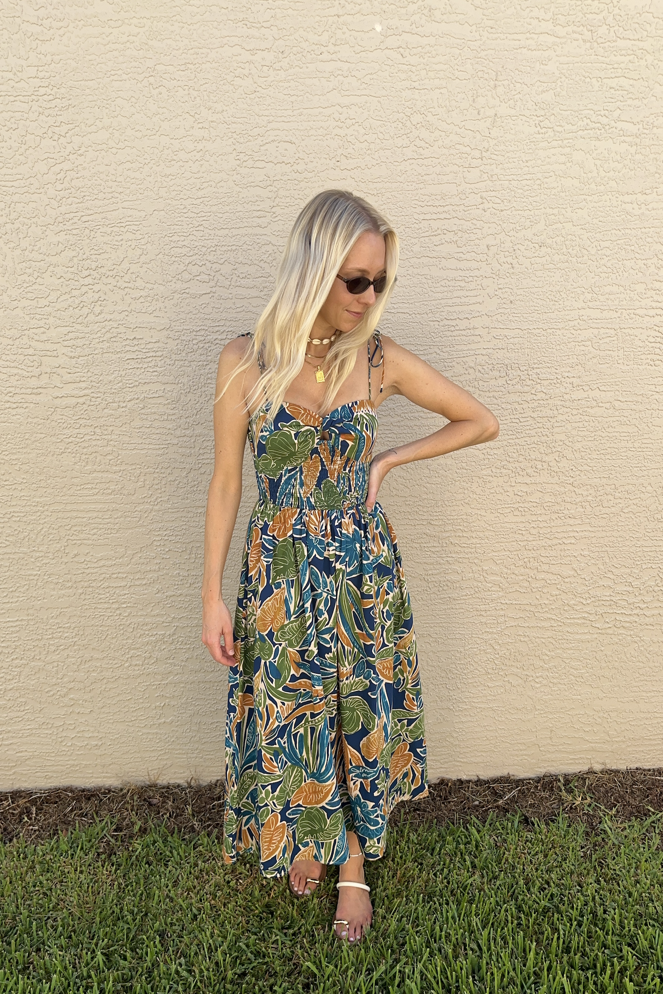 Twist Knot Tie Shoulder Tropical Sleeveless Midi Dress